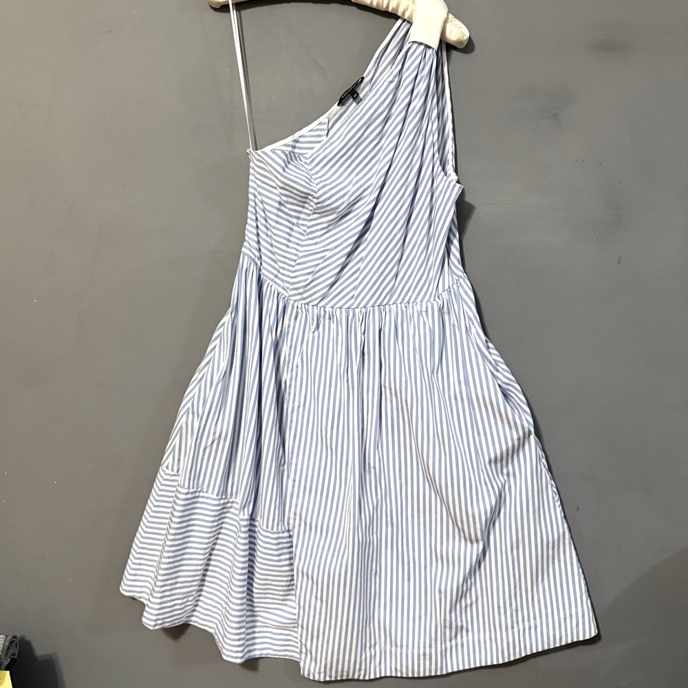 Tara Jarmon 44/12-14 100% Cotton Blue White Stripe Dress Pockets One Shoulder
